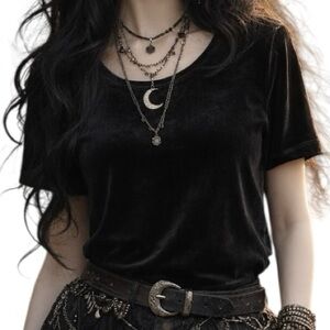 Vintage Women’s Velvet Short Sleeve Top Black M Gothic Soft Grunge Timeless